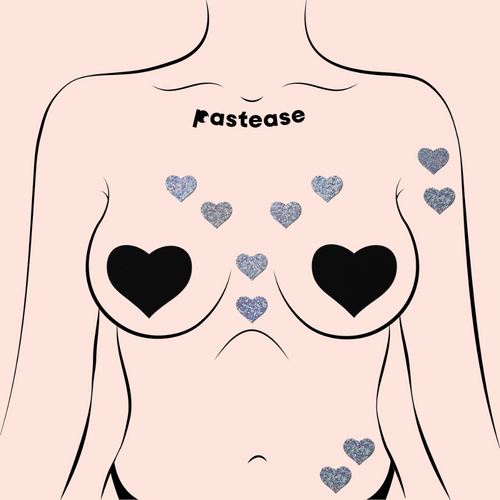 Body Minis: 10 Mini Silver Glitter Hearts Nipple & Body Pasties by Pastease® o/s