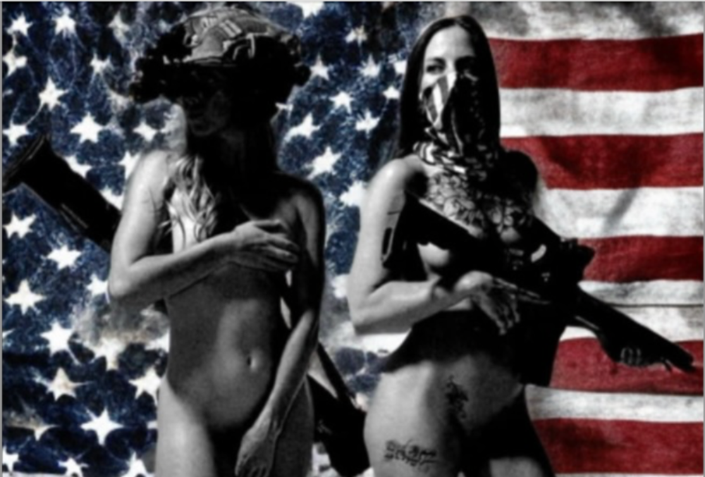 Two people with tattoos against an American flag background