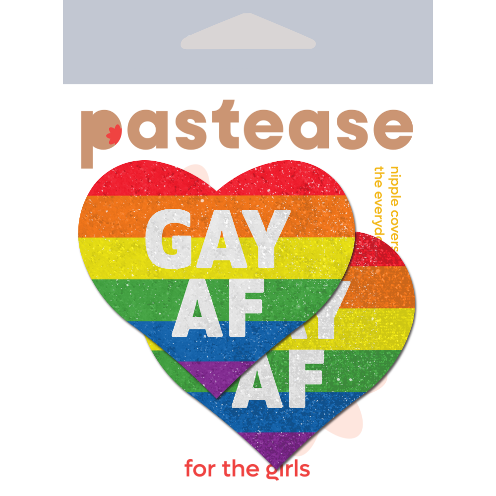 Love: Rainbow 'GAY AF' on Glitter Velvet Heart Nipple Pasties by Pastease®