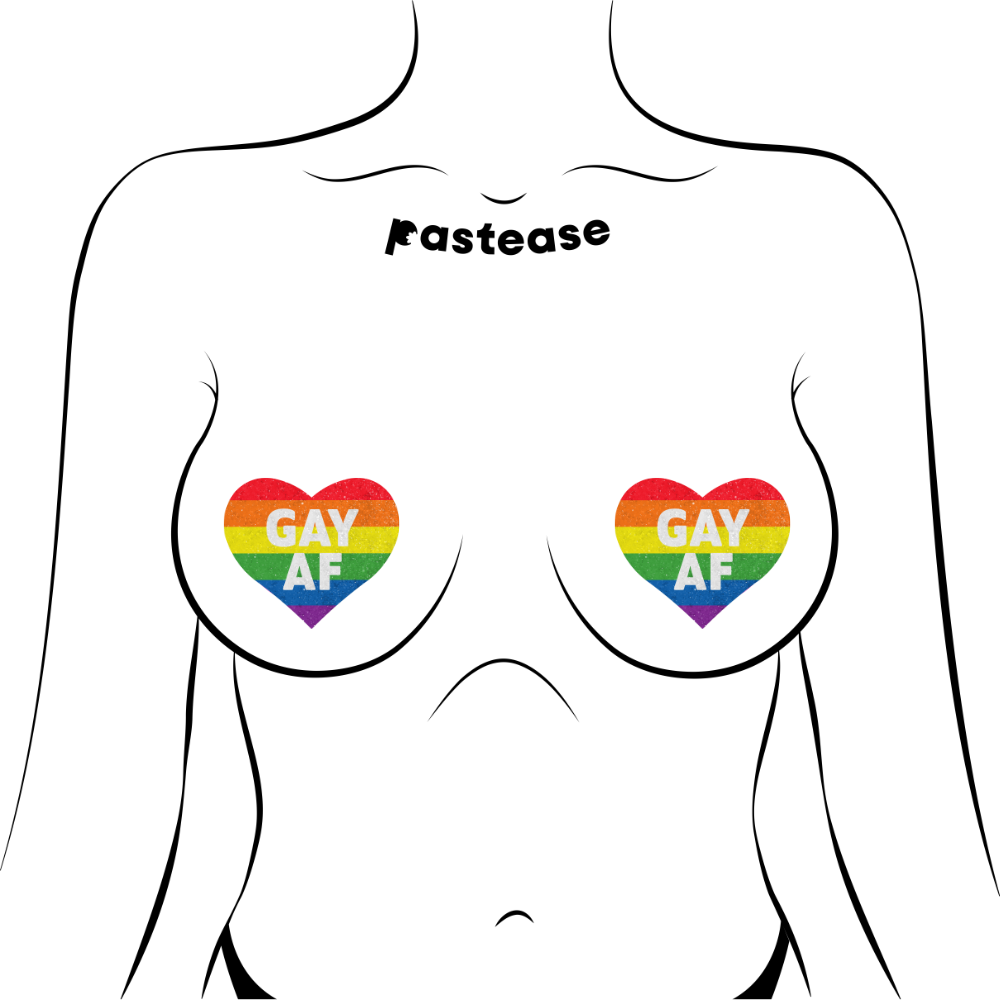 Love: Rainbow 'GAY AF' on Glitter Velvet Heart Nipple Pasties by Pastease®