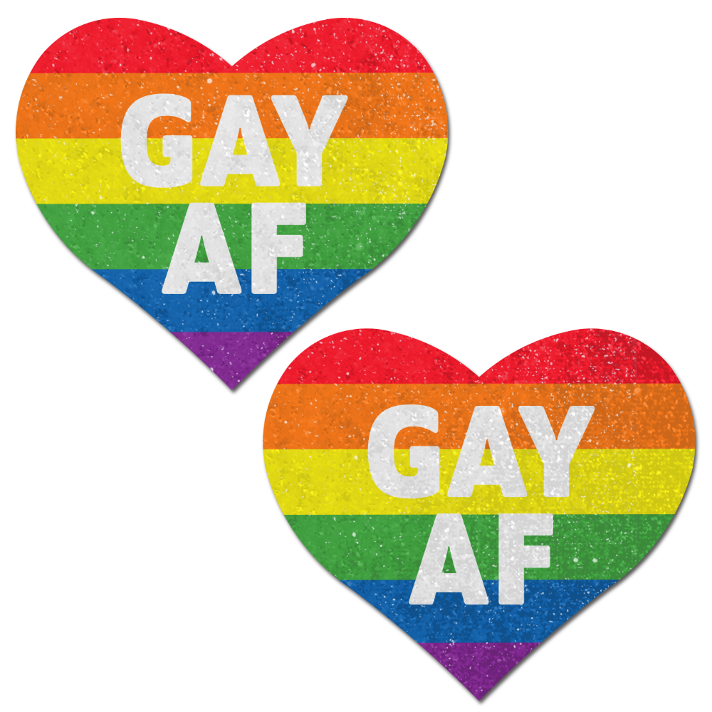 Love: Rainbow 'GAY AF' on Glitter Velvet Heart Nipple Pasties by Pastease®