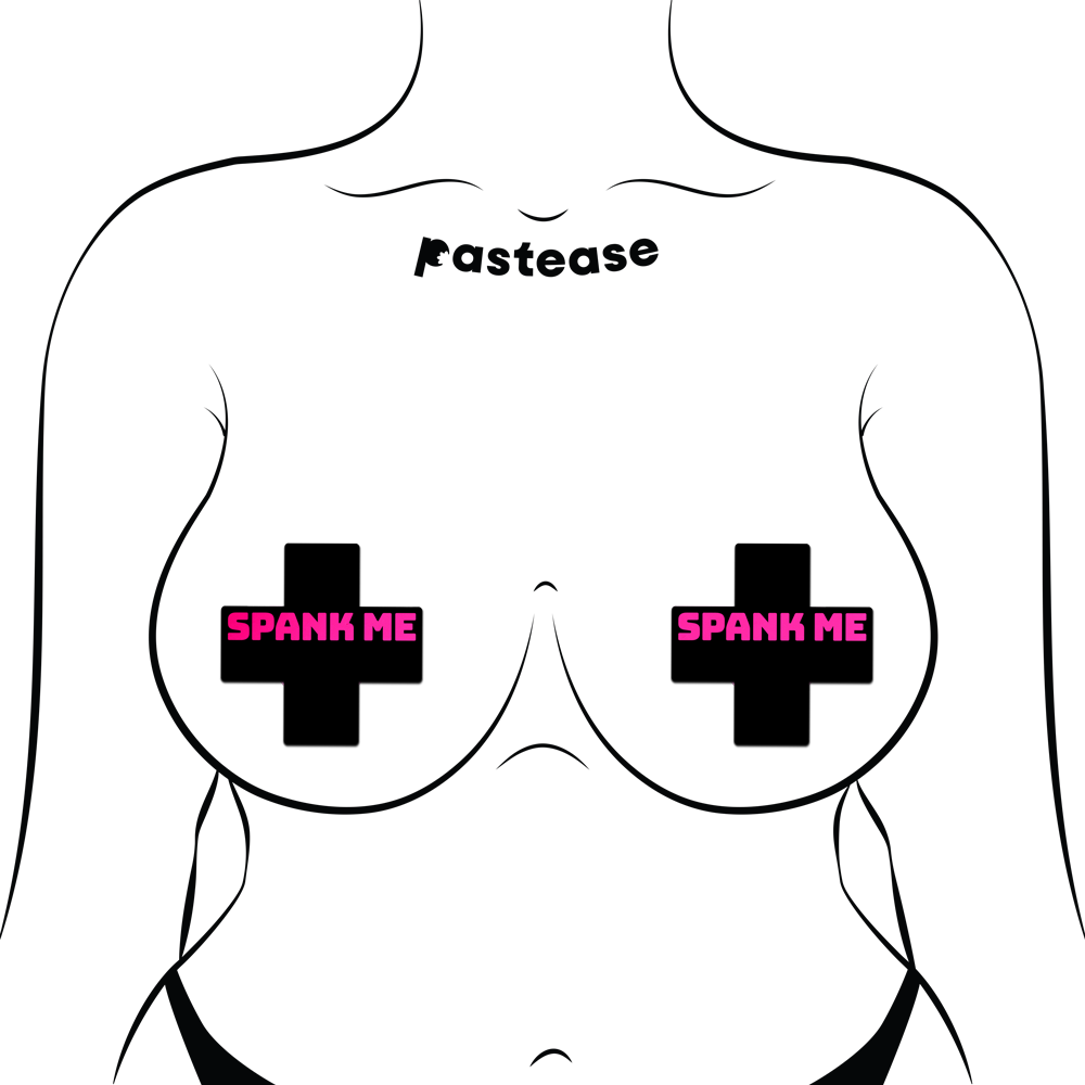 Plus X: 'Spank Me' Black Cross on Neon Pink Base Nipple Pasties by Pastease® o/s